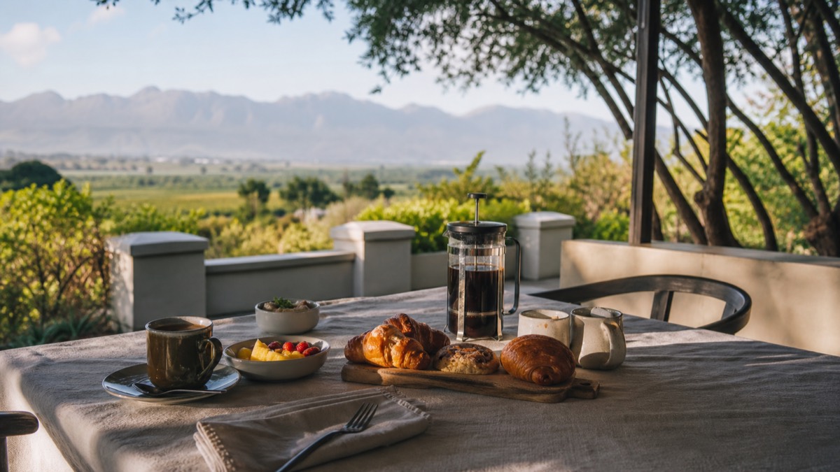 Guesthouse breakfast table with coffee and pastries