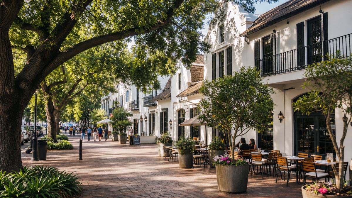 Tree-lined Stellenbosch town street with Cape Dutch buildings and cafes